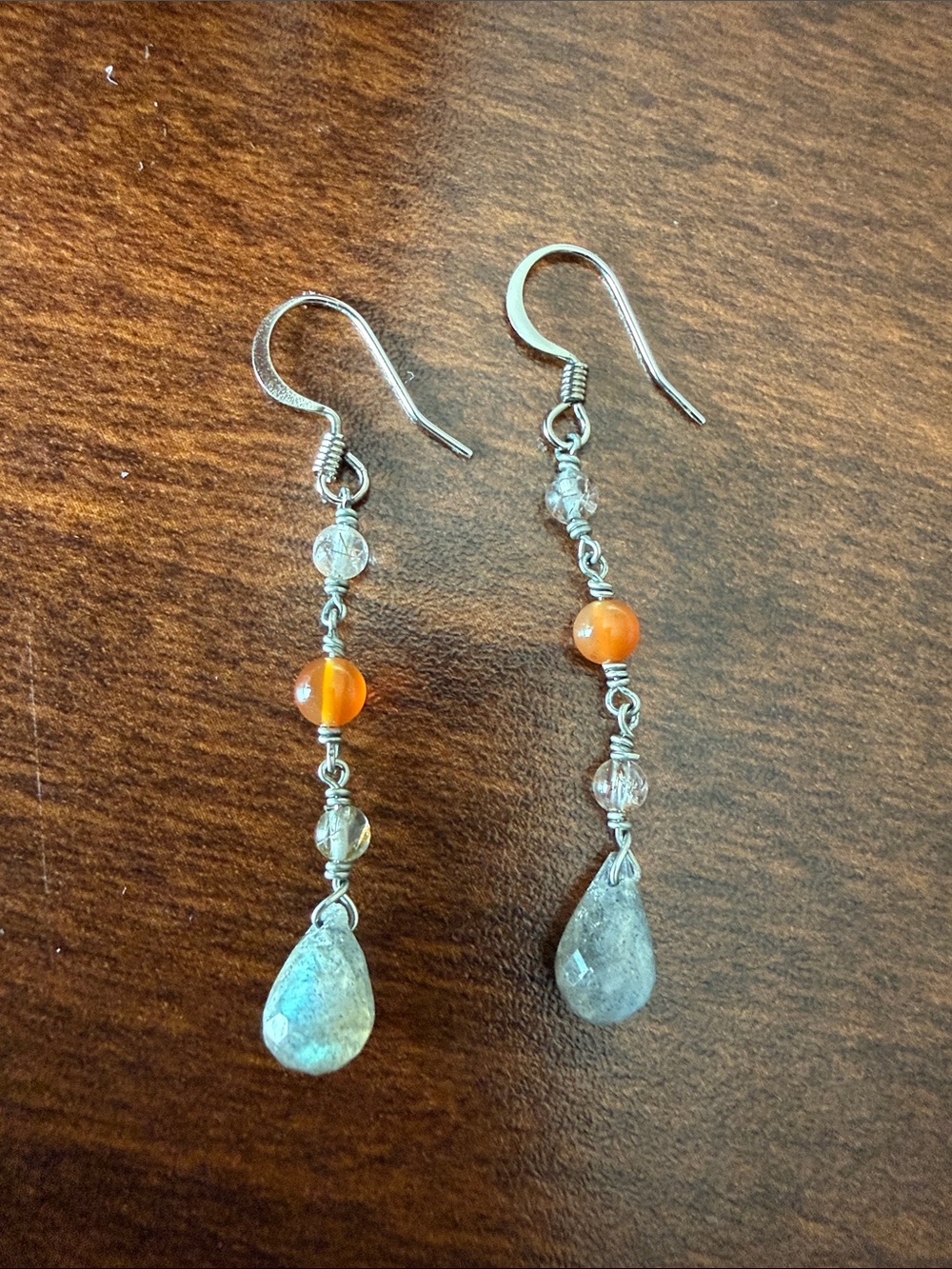 Silver drop dangle earrings with natural labradorite and carnelian gemstones